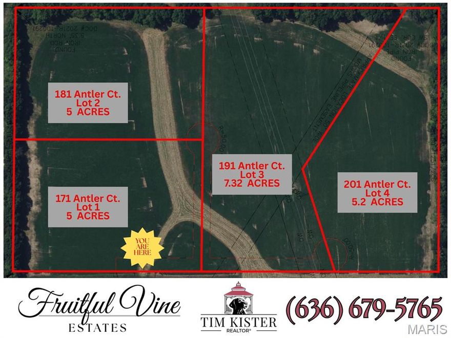 Welcome to Fruitful Vine Estates located in unincorporated St Charles County offering 4 individual unrestricted buildable homesites.  Set in a PRIME LOCATION near Josephville, these lots range from 5-7+ acres and offer booming views and a small town feel.  NO HOA.  A simple $200 annual road maintainance agreement is in place.  Minimum 1500 sq ft builds. Bring your builder and your plans and get set to enjoy space between you and your neighbors.
Addresses are 171, 181, 191 and 201 ANTLER CT 63385.