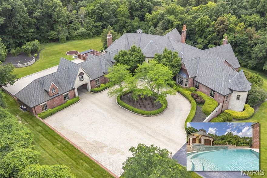 Spectacular, one-of-a-kind, custom built, all-brick home, situated on a beautiful 3.3-acre, secluded lot, in the heart of Town and Country. This home features 6 Bedroom, with 8 Full & 3 Half Bath home, with over 12,000 sqft of living space, 7-car garage with porte-cochere & carriage house apartment, in-ground pool, surround sound, outdoor octagon shaped pool house with kitchen, surrounded by glass French doors & Italian travertine. Impressive interior has rotunda foyer with dome ceiling, custom Venetian plaster, cast stone columns, Italian travertine flooring, formal living, dining room, great room, and a family room, with walk-behind wet bar, all with Brazilian Cherry hardwood floors. If that is not enough, the Main Floor Master Wing is fit for royalty, complete with private study, Dual spa-like Baths and dual walk-in closets, and terrace. Gourmet eat-in kitchen with high-end appliances (Viking, Miele) marble island, butler's pantry & adjoining hearth / breakfast room, with huge stone fireplace. Walk up the circular handmade, mahogany staircase to the 2nd Floor, featuring 4 Bedrooms en-suite with their own full Baths, and walk-in closets. The Lower Level is amazing, and features a wine cellar, 2 large rec rooms, one with a beautiful mahogany walk-behind wet bar, top of the line home theatre, exercise room with an adjoining massage room & spa room that walks out to the pool area. Additional features include: Crestron integrated system, whole house Vantage lighting system, 100KV backup generator, zoned HVAC, security & irrigation systems, professional landscaping & a motor court, just to name a few. This is the ultimate home for entertaining family and friends, and location could not better - near major hospitals, and convenient to shopping, restaurants, county parks, as well as easy access to major highways.