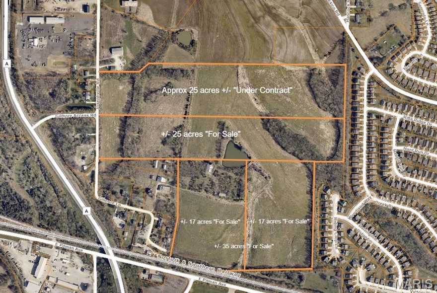 Approximately 35 undeveloped acres (subject to final survey) in Unincorporated St Charles County. Property is located off of Gilmore road off Hwy A, to the North/East of the GM Plant., to the West of Fox Ridge Subdivision, and to the South of acreage purchased by Ameren for their training facility. Pond in center is approx 1.5 acres and is 15-20' deep per owner and stocked with fish. Property is being primarily farmed with no lease in place, Ground is level, some rolling. The St Charles County Master Plan 2030 has this property as Industrial, Office, Distribution, Warehouses and Manufacturing with secondary uses noted as Supporting Retail or Office Uses. This includes outdoor storage and heavy industry. Any of these uses would require re-zoning approval.  Located at the "Crossroads of the Nation" at the intersection of I-70 and US Highway 61 (I-64) , major access to transportation facilities, convenient hub for transportation and business development. Beside the Norfolk Southern Railroad. Any buildings will be sold in AS-IS condition. All showings must be made by confirmed appointment to access the property.