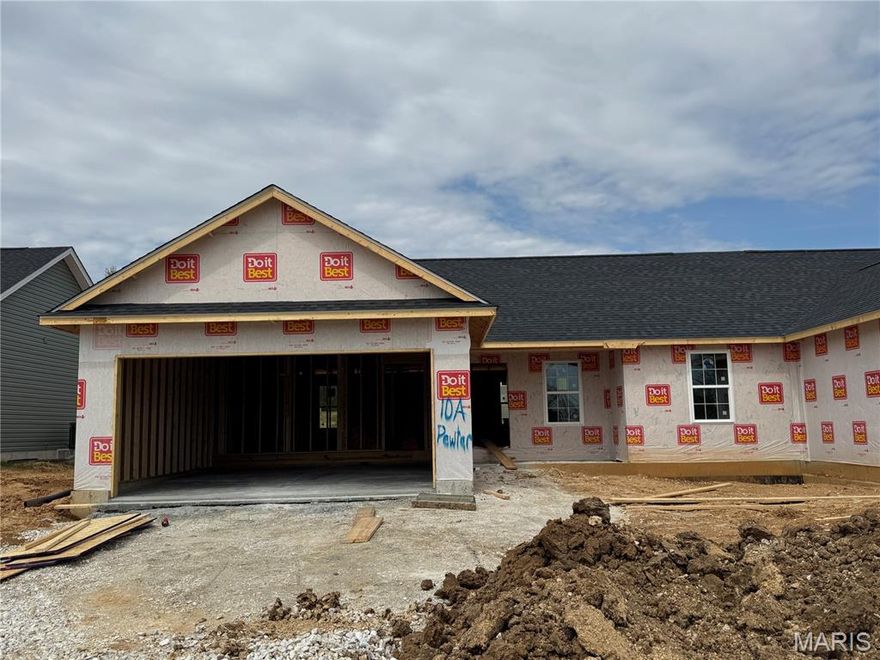 Move in early this summer. Welcome to Grindstone Grove in Moscow Mills. Beautiful new ranch villa/duplex located on lot 10B has all the bells and whistles. Each home is designed for personal privacy, loaded with high quality finishes, and built by one of the best custom builders in the area. Your next home is 1216 sq ft, 3 bedroom, 2 bathroom, oversized two car garage, full basement and a large backyard. The custom type finishes include granite countertops, stainless steel appliances, luxury vinyl plank flooring in main living area, spindled staircase railing, vaulted living room and kitchen, large center island, ceiling fans in all bedrooms and living room, can style lights, brush nickel finishes including shower door in master, and much more. Grindstone Grove is just off quiet Railroad Street with high speed Gateway Fiber internet, no monthly HOA fee, new concrete streets, street lights, and will have sidewalks throughout for homeowner safety. USDA, VA, & FHA eligible. Agent owned. All pictures are of previously built home. Estimated completion late June early July.