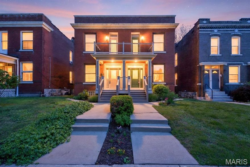 Gorgeous and impeccably maintained 3 bed, 2.5 bath home in a dream Tower Grove South location with the park practically in your backyard! This home was gutted and modernized in 2006 with all new wiring, plumbing, ductwork, drywall, etc, while retaining its city charm like the functioning pocket door, exposed brick wall, high ceilings and crown molding. The spacious living room is highlighted by the beautiful original fireplace (gas hookup currently disconnected). You'll love the open dining room and kitchen with built-ins, plus back bonus space and flexible ways to arrange furniture and use. The huge storage closet is perfect to hid all the stuff when friends and family come over! The kitchen has maple cabinets, granite counters, center island and pantry. There is a gas line to the stove also.  Upstairs you'll find the laundry, 3 beds, 2 full baths and front and back balconies. The primary suite has double closets, a fully restored covered porch overlooking the yard and a completely remodeled full bath featuring a huge shower with glass frame and stunning tile floor.  The fenced yard with patio and 2 car garage-port is icing on the cake. Updates include: light fixtures throughout, new rails on the front balcony, 2nd floor AC and furnace '23, new fence, Re-built front and back steps, fully tuckpointed interior basement walls. All appliances stay. You will love the Tower Grove life walking just a few steps to the Saturday Farmer's Market, festivals and Friday night strolls. Hartford Coffee and the Gustine Market is just a short walk and so much more. Yes there is a shared wall, but inside you'd never know, there is no noise transfer through that solid brick wall.