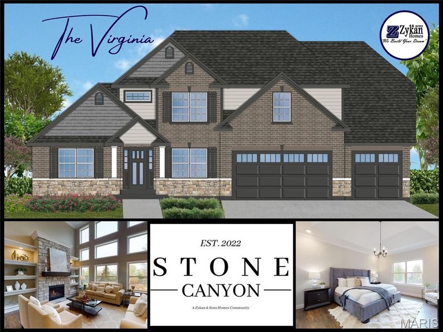 Welcome to Stone Canyon, a Zykan and Sons Homes Community in Foristell, MO. Here you’ll find many great floor plans to choose from all on amazing estate style homesites. All lots are a minimum of .33 acre (14,500+ sq/ft) and some are well over twice that size and many of them back to trees/woods and common ground! Located in the Wentzville School District, Stone Canyon residents will attend North Point High School. So much comes standard in this development that is optional elsewhere such as 3car garages, sill high brick front elevations, fully sodded yards, and too much more to list.

The Virginia is a 2,800+ sq/ft 1.5story home (main floor master) w/ a 2 story great room (window wall standard) and 4-5 beds and 2.5-3.5 baths. Work from home? The formal dining room can be converted into a main floor office! Stone Canyon Display Home is open Thurs-Sun 11am-4pm or Mon-Wed by Appt. Schedule a tour to learn more about The Virginia Model and to get started building your dream home! COOL: 14 SEER+