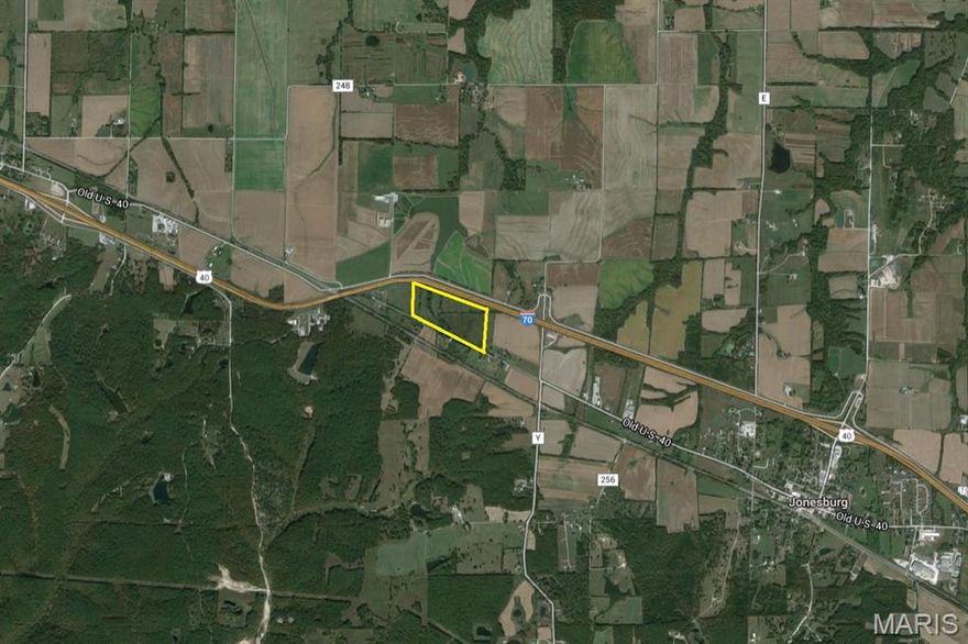 49.59 continuous acres available for purchase with 2,402' of I-70 Frontage in unincorporated Jonesburg, Missouri. Listing includes three parcels: 15-2.0-03-000-000-007.000 (19.78 Acres) ; 15-1.0-02-000-000-010.001 (18.47 Acres); 15-1.0-02-000-000-002.001 (11.34 Acres).