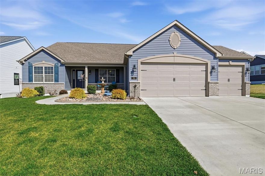 Don't miss this one!  Beautifully maintained  3-bedroom ranch plus a Flex room for a home office or formal dining room, and 2.5 baths, presents an expansive open floor plan that displays impeccable craftmanship and creates effortless flow for everyday living and entertaining. Rich hardwood flooring flows through the main living areas, while the kitchen, great room, and breakfast room feature soaring 10' ceilings, arched doorways, recessed lighting, and expansive windows that fill the home with natural light. The thoughtfully appointed kitchen offers designer finishes with custom staggered cabinetry, granite counters, black stainless appliances with a gas range, a large center island, and walk-in pantry.  A desirable split-bedroom floor plan offers privacy, with a spacious primary suite featuring a walk-in closet, dual vanities, and separate shower. Bedrooms 2 and 3 share a convenient Jack & Jill bath.  Unfinished lower level has a finished ceiling, electric pre-wired for finish, bath rough-in, and egress window—making it easy to complete and create the additional living space you’ve been dreaming of. Outdoors, the professionally landscaped yard with irrigation creates a private retreat featuring a 14' x 24' partially covered architectural patio, perfect for relaxing or entertaining. An 8-camera outdoor security system provides added peace of mind. With over 100K in extensive upgrades and thoughtful finishes already in place, this beautifully maintained home offers the benefits of new construction—without the wait, added expense, or extra assessments—built with the quality and craftsmanship of Lombardo Homes just five years ago. Amenities of Shady Creek include neighborhood Pool and Lazy River, Playgrounds, Walking Trails with Water Views, Pickleball and Basketball Court and Sand Volleyball.  Why go anywhere else.