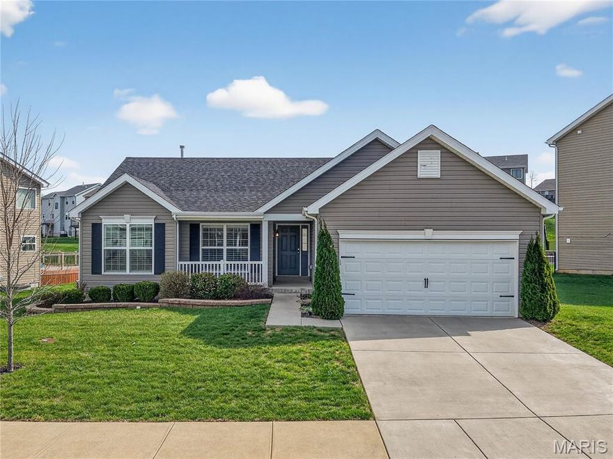 OPEN HOUSE Saturday 4/4 1-3pm! WHY WAIT TO BUILD? UPGRADES GALORE! Fall in LOVE with the FRESH FEEL of this 8 yr NEW 3 bed, 2 bath Ranch & 2 car garage in desirable Wyndstone! OPEN Hickory FLOORPLAN offers 1,571 sq ft of space. Soaring Vaulted Ceilings! Luxury Vinyl Plank Floors thru out Great Room, Hall & ALL Bedrooms! Plantation Shutters on every Window! Sit on your Covered Front Porch & GORGEOUS Stone Landscaping! Vaulted Great Room with Half Wall to Lower Level! DELUXE Kitchen, 42” Tall Upper Espresso Cabinets & Hardware, Stone Look Counters with Counter Seating, Designer Tile Backsplash, Walk-In & Utility Pantries, Stainless Appliances- French Door Refrigerator stays! Dining Room with Custom Draperied Slider to Free Form Patio & Landscaping in the LEVEL Fully Fenced Backyard! Owners Suite w/ HUGE Walk-In Closet. Designer Bath w/ Tall 2 Sink Espresso Wood Vanity, Linen Closet, Soaking Tub with Comfort Seating & Shower w/ Glass Door. SPACIOUS Bedrooms #2 & #3 with Full View Windows share Hall Full Bath with Tall Espresso Wood Vanity. Main Floor Laundry with Wall Cabinets & Closet! Lower Level is Ready to Finish with Egress Window & Rough In Plumbing! Fresh Paint! NEW ROOF- 02-2026! Meticulously Maintained! Located in Wentzville Schools: Duello Elementary, South Middle & Timberland High School. Enjoy Wyndstone’s Deer Ridge Park Trailhead & this Walkable Neighborhood! A MUST SEE- TOUR TODAY!