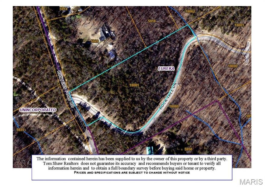 STUNNING, road frontage 4.2+/- acre wooded lot with SCENIC views and in ultimate privacy within Rock Tree Estates. This beautiful lot sits in the front of the neighborhood & provides privacy and the charm of country living with the convenience and ample amenities of Eureka, Pacific & Wildwood town centers just minutes away. Perfect location for your dream home, a contemporary farmhouse, or even a country estate. Your plan, your builder. Centrally located with easy access to I-44, Six Flags & parks. AAA Rockwood District. Features include: underground electricity/phone access. Meramec River access right down the road. *Restrictions are attached in supplements. However, subject to change.*