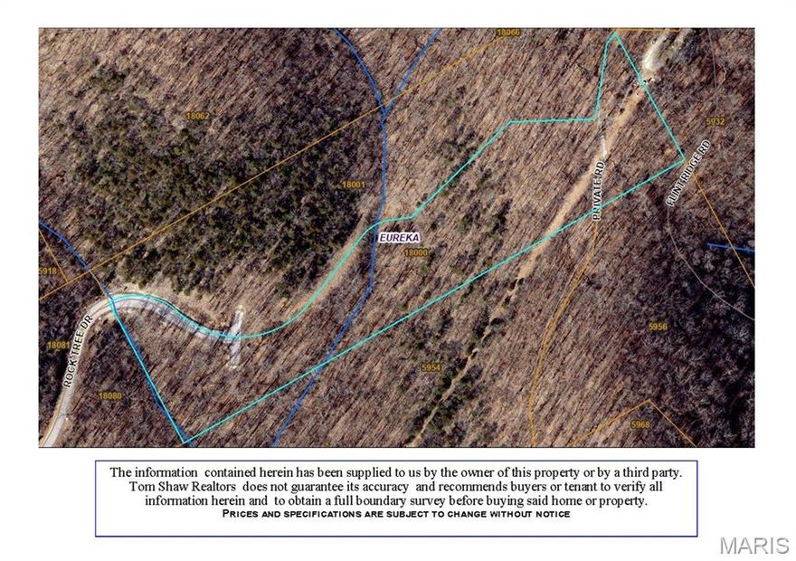 STUNNING, road frontage 6.049+/- acre wooded lot with SCENIC views and in ultimate privacy within Rock Tree Estates. This beautiful lot sits in the back of the neighborhood & provides privacy and the charm of country living with the convenience and ample amenities of Eureka, Pacific & Wildwood town centers just minutes away. Perfect location for your dream home, a contemporary farmhouse, or even a country estate. Your plan, your builder. Centrally located with easy access to I-44, Six Flags & parks. AAA Rockwood District. Features include: underground electricity/phone access. Meramec River access right down the road. *Restrictions are attached in supplements. However, subject to change.*
