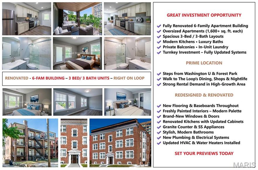 ***Rare 6-Family Investment in the Delmar Loop!!!*** Beautifully renovated 6-family residence just steps from Washington University and all the attractions of the Delmar Loop. This 9,936 sq. ft. building features oversized units of more than 1,600 sq. ft. each. Four units—three on the right wing and one on the left wing—were COMPLETELY GUTTED AND FULLY REBUILT - LESS THAN TWO YEARS AGO, including all-new plumbing, electric, HVAC systems, ductwork, kitchens, baths, flooring, and modern interior layouts. The building also features a BRAND-NEW ROOF INSTALLED IN 2025. The right wing includes three fully redesigned 3-bedrooms, 3-bathroom units with open layouts, balconies, in-unit laundry, brand new kitchens with granite counters and stainless-steel appliances, new flooring, windows, and completely updated plumbing, electric, and HVAC systems as part of a full gut renovation completed less than two years ago. The left wing offers three additional renovated apartments with updated kitchens and baths, refinished hardwood floors, and fresh paint, with opportunity for further value-add upgrades. One of the left-wing units also underwent a full gut rehab within the last two years, including new plumbing, electric, and HVAC. Perfect for both investors and owner-occupants, the property benefits from strong rental demand from Washington University students and unbeatable walkability to Starbucks, Fitz’s, Blueberry Hill, Tivoli Theatre, Moonrise Hotel, Vintage Vinyl, and the rest of the Delmar Loop’s shopping, dining, and entertainment. One unit is currently available, offering the option to lease immediately for income or reserve for your own residence.