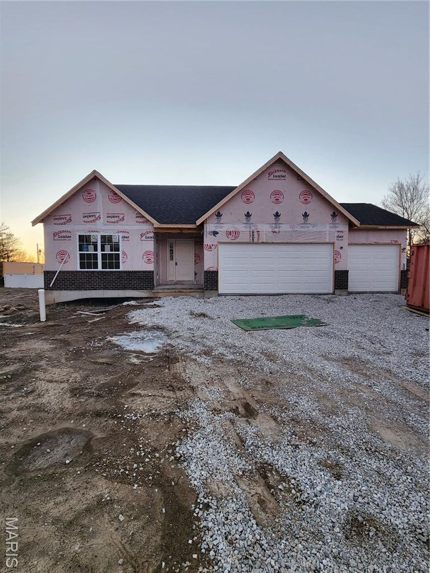 Outstanding opportunity to own a BRAND NEW home in Maryland Heights at an affordable price! This 3 bed, 2 bath home is under construction and nearing completion! Estimated completion May 2026! Lots of upgrades and premium features throughout! Some brick on front exterior. THREE car garage! LVP flooring running through hall, great room, kitchen, dining, and laundry! Custom kitchen cabinets with quiet close doors and drawers, granite countertops, and stainless steel appliances! Huge center island with bar stool seating! Separate dining room. Vaulted ceiling in great room for an open feel throughout main living areas. Primary bedroom suite boasting vaulted ceiling, large walk in closet, and private full bath with double bowl vanity. Unfinished rec room with rough in bath and egress window. Just minutes from shopping, dining, schools, and easy access to highway 270 and 367!