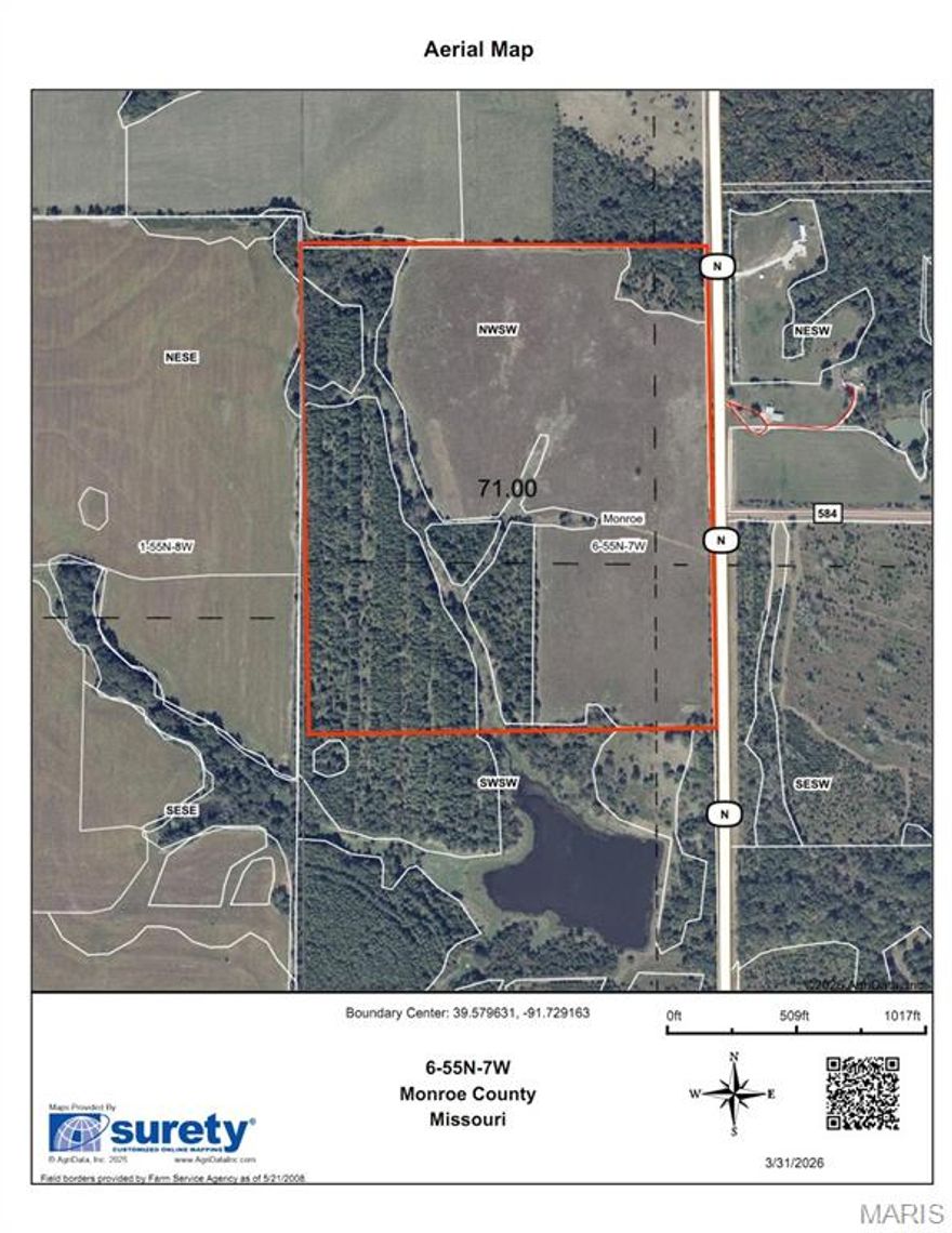 71-Acre Opportunity At Mark Twain Lake - Builders, investors, outdoor enthusiasts, & anyone looking for wide-open space & fresh country air will appreciate the value & potential of this exceptional property.  
Income of approximately $10,000 a year + recreation with almost a 50-50 split of woods/open ground = A perfect combo.  CRP & whitetail, they just go together! 
This tract is ideally located on hard surface road Route N, Monroe City, Monroe County, Missouri just minutes from the sportsperson favorite lake and recreation area of Indian Creek arm of Mark Twain Lake. 
Route N boat ramp is only 3 miles south of the property, with uninterrupted wildlife trails connecting the rec area to this property.
Surrounded by crops & trees, nature has created an outstanding environment for hunting & outdoor recreation. 
Rains can bring natural water for the whitetail with run off from the neighbor's lake giving that wetland environment.
Rural water & electric are available along Route N, on the eastern border of the property, adding convenience & future development potential.  
Own your own wildlife corridors enhanced by crops & timber.  Contact us today!  See it! Love it! Own it!