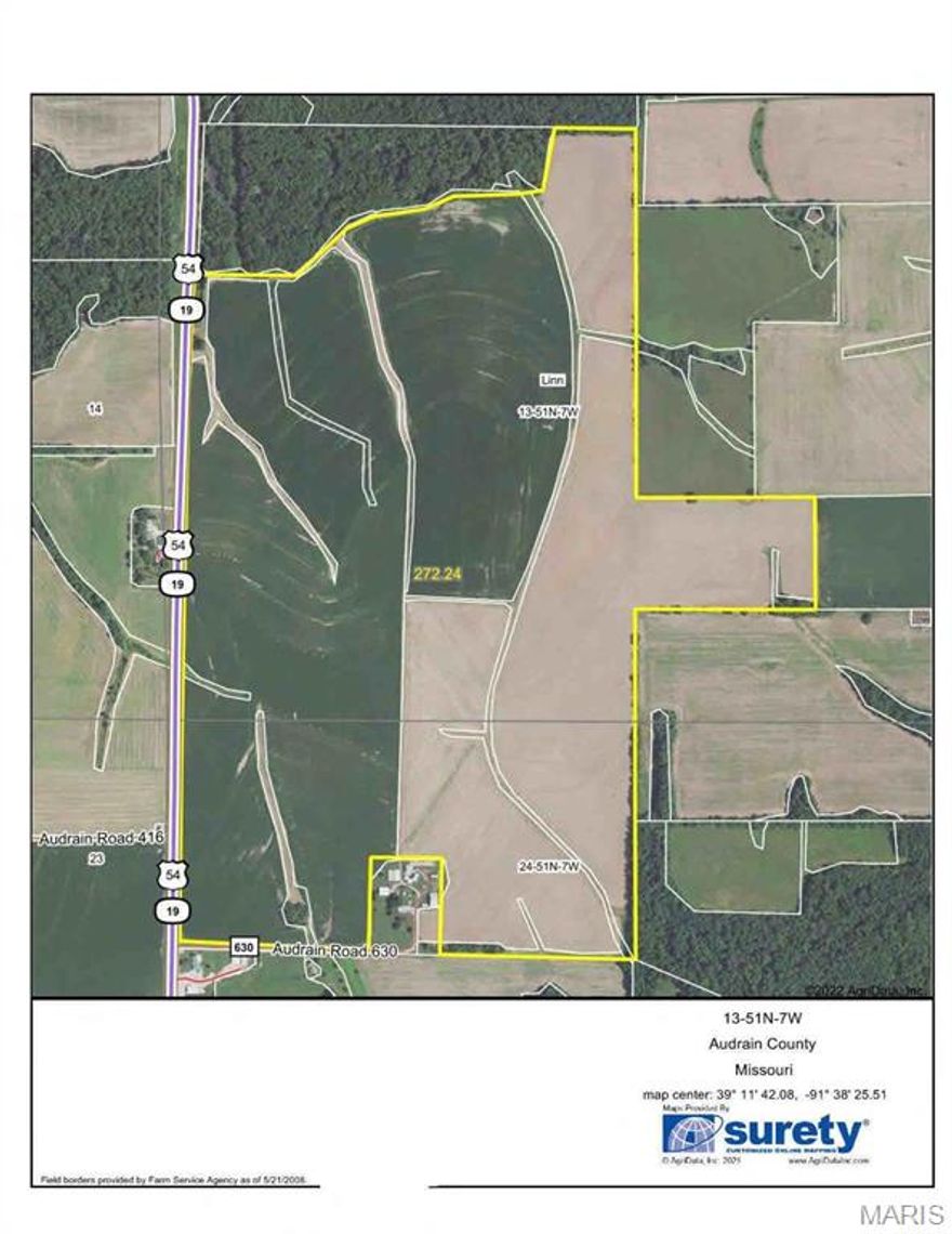 This is a nice 95% tillable farm in Audrain County just South of Laddonia on Hwy 54/19 with approximately 3/4 mile Hwy Road frontage. Soil types include Armstrong, Leonard, Mexico, Twomile and Belknap. Has a NCCPI Rating of 66.2. There is a natural gas pipeline easement along the west side of the farm running north & south. Additionally, there is a residential tap available for use from this line. The farm has 260 tillable acres, and it has a Windmill Lease in place. The farm income for 2025 is $146,500. Call listing agent for further details on income or the windmill lease.