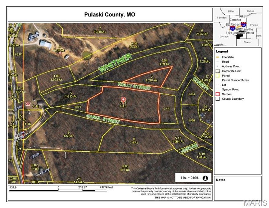 Wooded vacant tract totaling 5.297 acres, located near the top of a gently rolling hill and offering privacy, elevation, and a natural setting. The property consists of two parcels, 105022000003007000 and 105022000003007002, and is heavily treed and raw, making it well suited for a variety of potential uses, including a secluded homesite, recreational use, or future development. A boundary survey has been completed, providing clarity on property lines. Platted road access is shown on county maps along Carol Street and Holly Street; however, roads have not been installed. Buyers should verify access and future development plans to ensure the property meets their intended use. The terrain is rolling, with several areas that are close to level and may be suitable for building with site preparation. This property offers a quiet, rural feel while still being close to  Fort Leonard Wood and St. Robert amenities. No improvements currently in place. A blank canvas ready for the right vision!