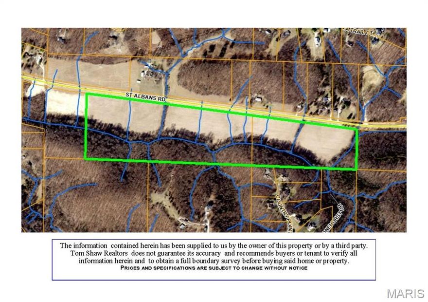 55+/- Acres of PRIME equestrian/farmland in Wildwood! 3,493 Feet of road frontage. Partly cleared and level, partly wooded, with Wild Horse Creek running through property. Close proximity to St Albans Country Club and Wildwood amenities. Not in a subdivision, just Wildwood and St. Louis County regulations. Must see! Listing includes 2 parcels.: 18604 St. Albans Road, Tax ID: 24X-44-0014; and 18700 St. Albans Road, Tax ID:24Y-64-0022.
