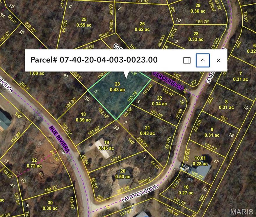 Affordable opportunity to own a buildable wooded lot in the Terre du Lac lake community. This approximately 0.40 acre residential lot is located on Caroline Drive and offers a quiet setting surrounded by trees and natural landscape.

Terre du Lac property owners enjoy access to multiple lakes for boating, fishing, and water recreation, along with beach areas, common ground, and community amenities. The property provides a great location for a future home site, weekend retreat, or investment within an established lake community.

Located just minutes from Bonne Terre and a short drive to Farmington, the property offers convenient access to shopping, dining, and everyday services while still maintaining the peaceful feel of lake community living.

If you're looking for an affordable lot within a well-known recreational lake community, this property is worth considering.