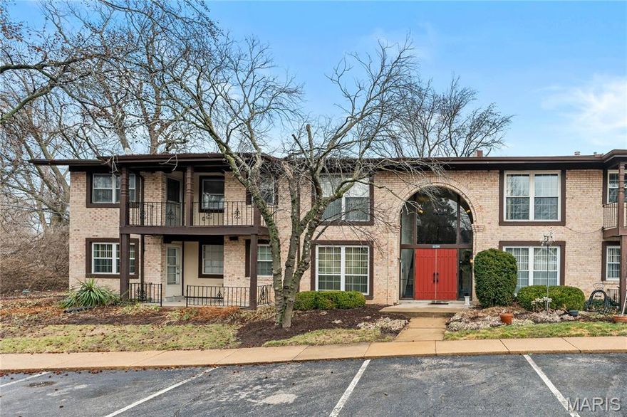 Bright and easy living in the heart of Creve Coeur. This well-maintained 2-bedroom, 1-bath condo offers a comfortable, open living and dining area that opens to a private covered balcony. The kitchen features granite countertops, stainless steel appliances, and a center island, with access to the patio. The primary bedroom also opens to the balcony and includes ample closet space. New carpeting adds a fresh touch to both bedrooms. Two designated parking spaces directly in front of the building. The HOA covers water, sewer, trash, exterior maintenance, and snow removal. Shared building Laundry. Ideally located near Westport Plaza, Creve Coeur Park, shopping, dining, and major highways. Residents can also enjoy The Villa Dorado community pool that is right across the street, and included with your HOA.