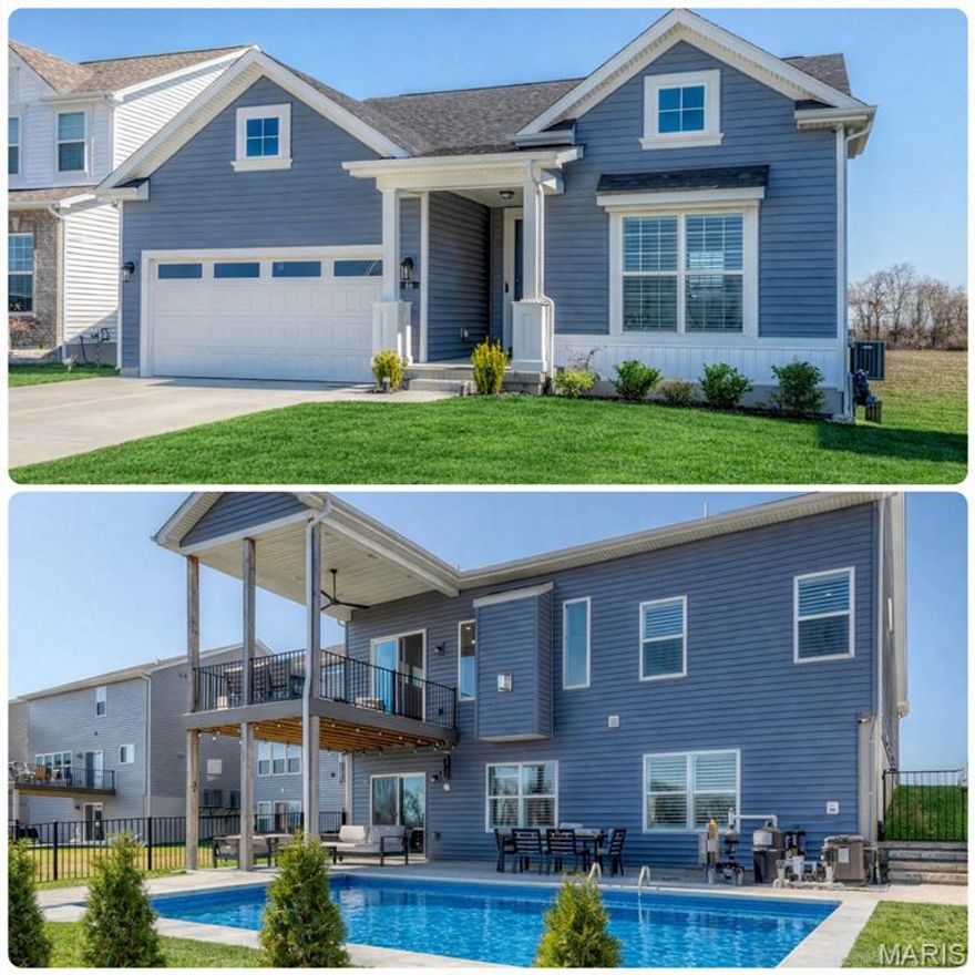 Welcome to 66 River Wind Dr., an exceptional custom residence where refined design meets resort-style living. Situated on a quiet cul-de-sac lot with an extended driveway, this beautifully appointed home offers 3,126 sq ft of living area, elegant finishes, soaring ceilings, and a stunning outdoor retreat designed for both relaxation and entertaining. From the moment you arrive, the custom 8’ leaded glass front door sets the tone for the craftsmanship found throughout. Inside, you’ll discover an open and sophisticated layout highlighted by 11’ ceilings in the great room and 9’ ceilings throughout the rest of the home, & recessed LED lighting in every room. The great room serves as the heart of the home, featuring a direct-vent fireplace, integrated ceiling speakers, and seamless flow into the gourmet kitchen. The kitchen is a chef’s dream with professional-series stainless steel appliances, 42” soft-close cabinetry, and quartz countertops. Throughout the home, vinyl plank flooring provides both durability and modern elegance, while 8’ interior doors on the primary level add to the home’s spacious and upscale feel. A private den with double glass office doors creates the perfect work-from-home environment. The primary suite is designed as a private retreat with a tray ceiling and a spa-inspired bathroom featuring dual pocket doors for added privacy and function. The 10’ pour walk-out lower level offers expansive additional living space accessed by solid oak steps. A striking oversized vent-free fireplace anchors the lower level that includes a bedroom, full bath, and custom closet, along with an entertainer’s dream bar area featuring granite countertops, built-in dishwasher, and ice maker. Step outside to your private backyard oasis. The custom covered 12’ x 14’ deck overlooks a spectacular gunite in-ground pool and spa, fully controllable from your phone & a spacious patio finished with Sun Deck coating. Additional premium features include a fully insulated and drywalled 4’ extended garage, irrigation system, exterior security cameras, plantation shutters throughout & exterior soffit lighting. This home seamlessly blends luxury finishes, modern technology, and resort-style amenities in one of St. Charles’ most desirable settings.