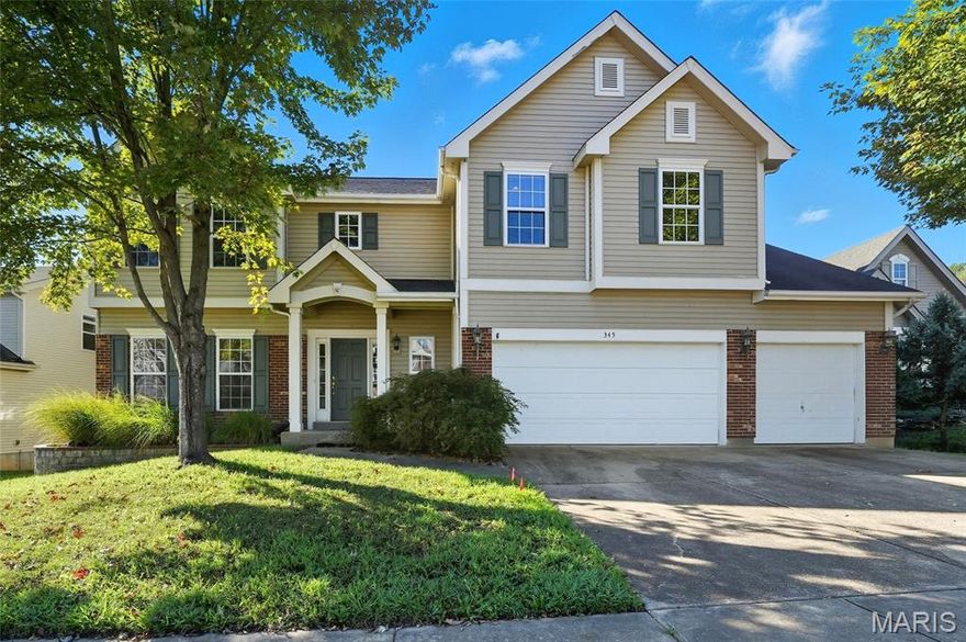 WELCOME to The Palisades, a quiet enclave within the sought-after Legends subdivision-where nature, community, and convenience meet. Tucked near a quiet cul-de-sac, this home backs to trees offering seasonal views of the Meramec River valley. Inside, this 4 bed/2.5 bath two-story shines with an inviting hearth room featuring a raised stone wood-burning fireplace, warm wood floors, 42” cabinets, and a spacious upstairs bonus room ideal for working from home, movie nights, or play. The expansive primary suite boasts ceramic tile, dual sinks, soaking tub, separate shower, and a large walk-in closet with custom organizer. Three additional bedrooms, a full bath, and oversized laundry room complete the upper level. Highlights include a 3-car garage, professionally cleaned carpets, 9’ basement pour, and a kitchen with center island, breakfast bar, and bay windows. The walk-out basement is roughed in for a bath-perfect for future expansion. Enjoy outdoor living on the refinished deck and expanded patio. Recent updates include a new roof (2023) and dual HVACs (2024). Located minutes from Legends Golf Course, pool, walking trails, parks, Six Flags, Route 66 Park, and charming downtown Eureka dining and events.