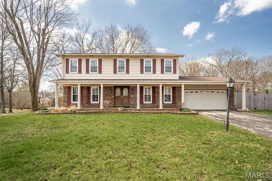 ATTENTION INVESTORS AND HOMEBUYERS! Rare opportunity in the sought-after Seven Pines subdivision to update/renovate and make this home your own! This 4-bed, 2.5-bath 2-story offers 2120 sq. ft. of comfortable living space plus endless possibilities for expansion in the full basement. Recent sales of fully renovated homes in the neighborhood have reached well OVER $500K!! Situated on a spectacular 1/3+ acre lot, you will appreciate the stately curb appeal of the home's large covered front porch with NEWER brick front and all NEW front pillars. The main level features beautiful hardwood floors, decorative crown molding/millwork, NEWER windows and plantation shutters. Perfect for everyday living or entertaining, the living room opens seamlessly to the cozy family room with gas fireplace. Serve up smiles in the sun-filled eat-in kitchen with solid oak cabinets, garden window, updated ceramic tile backsplash, bay window and NEWER appliances. Upstairs you'll find an ENORMOUS primary bedroom with full bath and walk-in closet. The size of the bedroom offers endless possibilities to expand the primary ensuite bath. 3 additional bedrooms and full bath complete the upper level. Step outside to the private fenced backyard and enjoy your morning coffee on the expansive stamped concrete patio with NEW paver surround (OVER $4000!). Enjoy fantastic subdivision amenities, including club pool, swim team, playground, and community events. Located in the top-rated Parkway School District-within walking distance to North High & award-winning McKelvey Elementary. Just minutes to shopping, restaurants, major highways and Creve Coeur Park, featuring a lake, walking/bike trails and more! Showings begin March 12th at 9:00 am.