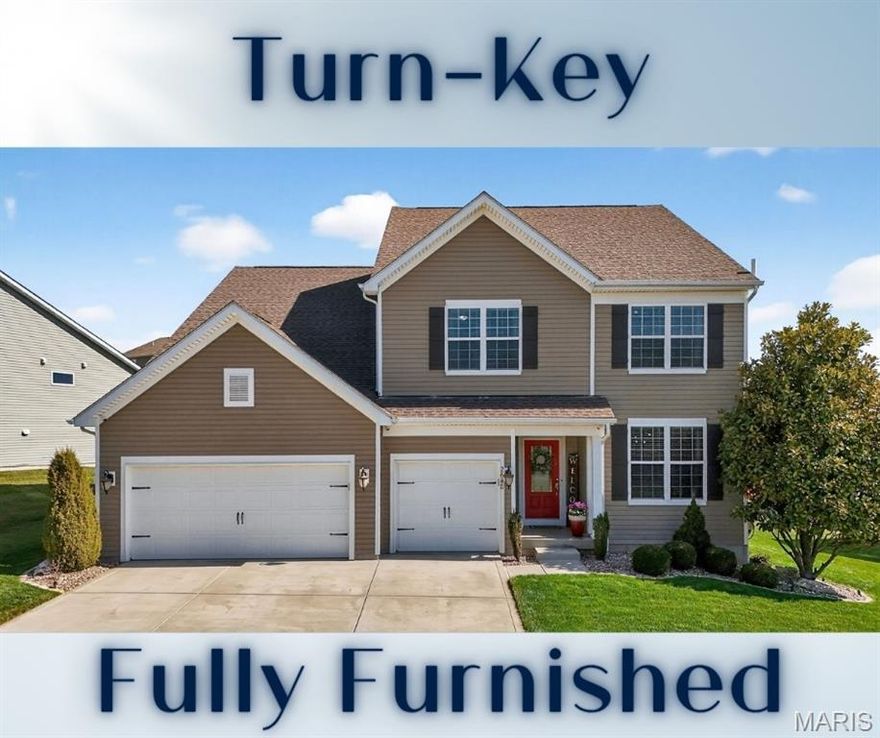 TURN-KEY! FURNITURE INCLUDED! Welcome to a truly exceptional home where pride of ownership shines at every turn. Impeccably maintained & thoughtfully curated, this 4 BR, 2.5 BA residence offers 3,800+ SF of total living space & presents like a model home. From the moment you enter, you’ll notice the elevated craftsmanship, extensive upgrades & pristine condition that make this home completely TURNKEY. Rarely does an opportunity like this come along. Offered fully furnished with designer-selected pieces, it delivers a magazine-worthy aesthetic where every space is as beautifully styled as it is functional.

The main level showcases refined architectural touches including crown molding throughout, custom doors & hardware. Natural light floods the space throughout with upgraded Simonton windows with custom grills, complemented by designer window treatments. Every floor has been reinforced, leveled & upgraded with premium 12mm laminate flooring & high-end underlayment for comfort, insulation & soundproofing.

Modern comfort & efficiency features include dual-zone HVAC w/app-controlled thermostats, whole-home water filtration & softener, & a Honeywell whole-house humidifier. Smart home enhancements include dimmable lighting throughout, custom LED installations, mobile-controlled basement lighting, fiber internet w/dual Wi-Fi routers & a fully wired security camera system.

Step inside the welcoming foyer, which opens to an open den/office at the front of the home with architectural detailing. Down the entry hallway, the layout opens into the spacious family RM, anchored by the corner fireplace & framed by the wall of windows. The family RM flows seamlessly into the dining area & the heart of the home—the kitchen—featuring luxury two-tone cabinetry, granite counters & premium KitchenAid appliances. A spacious walk-in pantry & nearby mud RM provide added storage & convenience.

Upstairs, a unique intermediate landing features a second office with custom L-shaped built-in desk & shelving overlooking the kitchen below. The upper level also includes a large secondary living area, 3 generously sized BRs with walk-in closets & a full BA. The primary suite is a private retreat with added sound insulation, a massive walk-in closet & a fully remodeled spa-like BA with custom luxury shower. The upstairs laundry RM is insulated for quiet operation.

The lower level offers a partially finished basement with large home theater RM (projector, surround sound, electric fireplace), egress window, exercise area, wine cooler & 2 storage RMS. A central vacuum system with garage-based unit adds convenience.

Outside, the custom stone patio features a full outdoor kitchen w/3 cooking stations (cross-infrared grill, 36” griddle & pellet smoker) & built-in mini fridge. Enjoy evenings by the stone fireplace w/matching wood storage. Professionally landscaped yard includes smart irrigation, mature trees & premium lot placement with morning sun & afternoon shade. A Bullfrog Spas hot tub on a custom concrete pad completes this oasis.

Garage features epoxy-coated floors & fully finished walls/ceilings.

Located in the highly desirable Preston Woods subdivision, a scenic walking trail across the street leads directly to the neighborhood pool. The home is also part of the top-rated Wentzville School District & is conveniently close to shopping, restaurants & major highways, making downtown St. Louis accessible in about 30 minutes.

A rare opportunity to own a meticulously upgraded, exceptionally clean, fully furnished home that truly stands out—where luxury, comfort & thoughtful design come together effortlessly. You truly must see it to believe it.