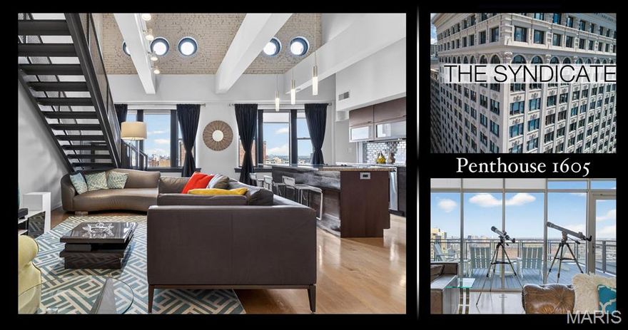 Perched high above the city, this three-level penthouse at the Syndicate redefines downtown luxury.
With over 3,200 square feet of thoughtfully designed living space across three distinct levels, this residence offers an effortless balance of privacy, flexibility, and grandeur. Open-beamed ceilings on the first two floors create a striking sense of volume, while a warm, inviting fireplace anchors the living space—perfect for both quiet evenings and elevated entertaining. The expansive layout allows for a dedicated home office, creative studio, or additional lounge spaces, adapting seamlessly to your lifestyle. All three bedrooms are of good size and private with walls to the ceiling and sliding glass doors. The kitchen is equally impressive, featuring a center island with granite countertops—ideal for gathering, hosting, or simply enjoying the rhythm of everyday living. Step outside to your private rooftop terrace—18 stories above it all—where golden sunsets stretch across the skyline and storms roll in like a living masterpiece. Inside, walls of glass on the top-level entertaining space blur the line between interior and cityscape, filling the home with light and energy while framing sweeping urban views. Below, a rare private heated garage with space for three vehicles offers unmatched convenience—complete with EV-ready infrastructure. Located in the heart of the Central Business District, the Syndicate places you steps from everything that defines city living—grocery next door, acclaimed dining across the street, and immediate access to sporting events, concerts, the Convention Center, Citygarden, the Gateway Arch, and Ballpark Village.Residents enjoy premier  amenities including a fitness center, workshop, art galleries, club room, meeting space, package room, recycling services, and private storage. Positioned in the heart of downtown, the Syndicate delivers a lifestyle defined by access and culture—where dining, entertainment, and iconic destinations are quite literally at your doorstep. This is not simply a residence.?It is a vantage point, a retreat, and a statement of arrival.