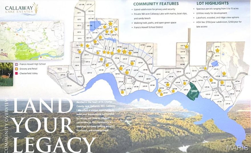 Nestled in the heart of St. Charles County near Defiance and New Melle, MO, Callaway Lake Estates offers a rare opportunity to build your dream home surrounded by natural beauty while remaining close to modern conveniences. This private community is designed for those seeking space, recreation, and long-term value. The development features 108 homesites, with 35 already sold in the first 18 months, demonstrating strong demand for acreage property in this desirable area.  Welcome to Lot 58.  Waterfront with views that don't stop.

All lots are 5+ acres and thoughtfully positioned to provide privacy, scenic views, and the perfect setting for your forever home or peaceful weekend retreat. Ownership in Callaway Lake Estates also includes shared ownership of the stunning 168-acre Callaway Lake, ideal for fishing, kayaking, and enjoying the outdoors.