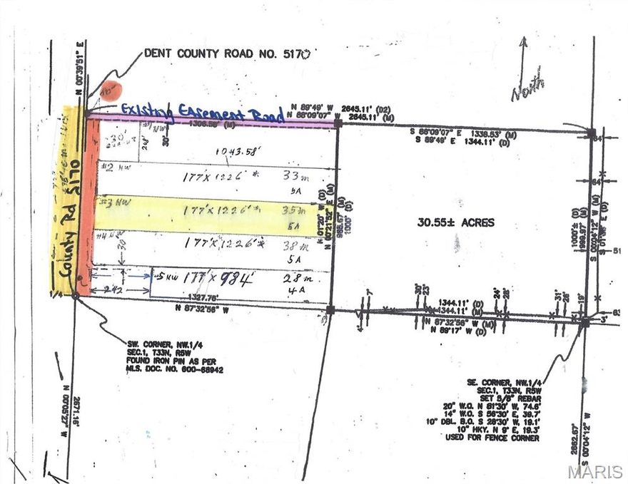 5 +/- acres of wooded, vacant land.  Build your home or have a mobilehome set up as there are no mobilehome restrictions.  Plenty of room for a shed/garage and room for the kids and pets to play.  Property will be accessed from the existing easement in pink on the picture.  Seller is keeping an 80' strip along the county road to allow for privacy, driveway easement to this lot and electric easement.  Seller will pay for survey upon an accepted offer and will provide an electric easement.  Buyer will be responsible for establishing a driveway and clearing the electric easement.  All flags currently set are APPROXIMATE ONLY.   Survey will determine the exact property corners.  Additional acreage can be purchased.