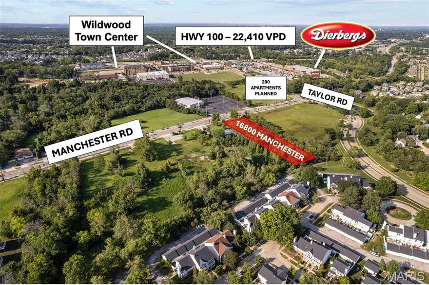 +/- 1.00 AC Lot 
Excellent Development Site
Just South of Wildwood Town Center
Strong Demographics
Other Sites Also Available Nearby
RE Tax 2025: $1,858
Wildwood, Missouri is a city of 68 square miles featuring beautiful panoramic views and scenery. Nestled in the foothills of the Ozark Mountains, Wildwood sits at the western doorstep of metropolitan St. Louis, blending a touch of city and country living unmatched in the St. Louis region. Wildwood is steeped in educational excellence, character, and natural beauty. 
Wildwood Town Center is located just north of the property. It is a mixed-use, pedestrian friendly, development that features retail stores and boutiques, restaurants, office space, service providers and residential property such as apartments and town homes. The Center continues to grow and has these businesses already in place: Starbucks, Walgreen's, Cold Stone Creamery, PNC Branch Bank, Hair Saloon For Men, Indigo Joe's Sports Pub & Restaurant, Wildwood Cinema 10, Wildwood Hotel and more 
Is concentrated east of State Route 109 in a number of large, traditional residential subdivisions