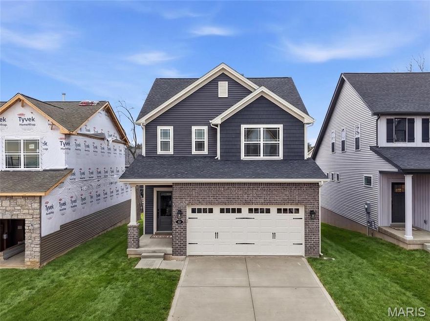 MOVE IN READY! New Construction in an excellent St. Peters location! This 3 BD, 2.5 BA, 1,745 sq ft, 2 story by Fischer and Frichtel showcasing a new Dining Room option is in the Birdie Hills Crossing neighborhood, an intimate community of homes from their Cottage Collection. The exterior is eye-catching with brick, vinyl siding, shake accent siding, architectural shingles, carriage style garage door, landscape package, full yard sod and prairie grills in the windows. Features inc 9 ft ceilings on the main, lux vinyl plank flooring, custom wall paint color, 42 inch cabinets, custom cabinet features, soft close, pull out trash cabinet, 5 panel doors, island with seating bar, quartz countertops, tile backsplash, stainless stl appl, gas range, chimney style range hood, convenient second floor laundry, walk in closets in every bdr, loft area, raised height double bowl vanity in the Primary Bath, large walk in closet in the Primary Suite, low E windows, rough in bath, walkout basement, 50 gal water htr, added depth garage and more. Enjoy a 10x14 composite deck and a 14x9 patio overlooking the backyard. Students will attend Ft Zumwalt schools. Located near the corner of Mexico Rd and Birdie Hills/Salt Lick Rd, there is easy access to Hwy I-70, shopping, restaurants, parks and exceptional recreation inc Woodlands Sports Park, City Centre Playground, Ollie’s Fun Forest, St. Peters Golf Club and the impressive St. Peters Rec Plex.