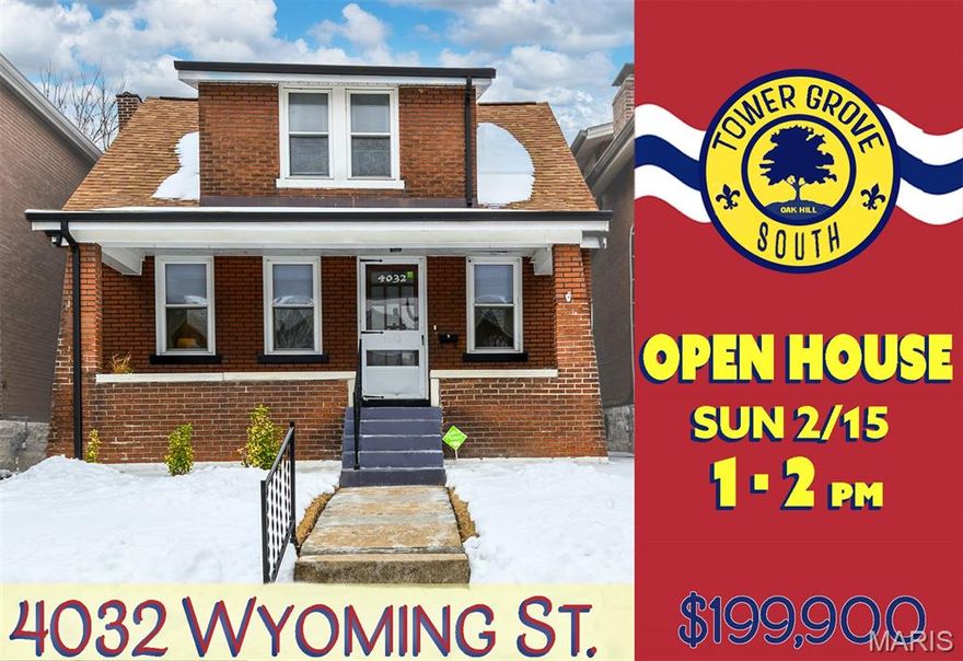 Welcome to 4032 Wyoming Street — a classic TOWER GROVE SOUTH opportunity!   OPEN HOUSE SUNDAY February 15th,  1-2pm This one and a half story Craftsman bungalow, built in 1918, has been well cared for over the decades and offers solid fundamentals and is on a GREAT BLOCK in one of South City’s most desirable neighborhoods.

As you approach the home, you’re greeted by a large covered front porch—perfect for relaxing, visiting with neighbors, or simply enjoying the street—setting the tone as a favorite gathering spot. Out back, a spacious deck overlooks a level, fenced yard ideal for outdoor entertaining, gardening, or pets. A detached two-car garage provides valuable off-street parking and added convenience.

This moderately sized home features a second level with two large bedrooms and an extra-large closet—so spacious it was previously used as an additional sleeping area—offering flexibility rarely found at this size.

The home is in great overall condition and includes updated major systems such as HVAC, hot water heater, and roof, providing peace of mind for the next owner. The main level offers comfortable living space with an open floor plan, featuring a large living/family room flowing into the dining area and kitchen with breakfast bar. The full, unfinished basement provides excellent storage and future finishing potential.

Located near Tower Grove Park, McDonald Park, South Grand and Morganford business districts, along with neighborhood shops, restaurants, and all the charm Tower Grove South is known for, this property is a great opportunity to own in a prime location and add value over time.