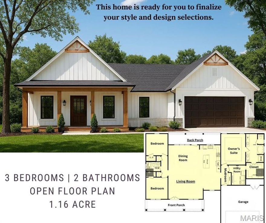 Modern farmhouse on 1.16 acres featuring 3 bedrooms, 2 bathrooms, and approximately 1,800 sq ft of single-level living. Open-concept design with vaulted ceilings and large windows enhances natural light and spaciousness. The kitchen offers spacious room for entertaining and extends to a covered back porch for seamless indoor-outdoor gatherings. Primary suite includes a walk-in shower and oversized closet. Don't miss the opportunity to make it yours! Owner is a licensed Missouri Agent