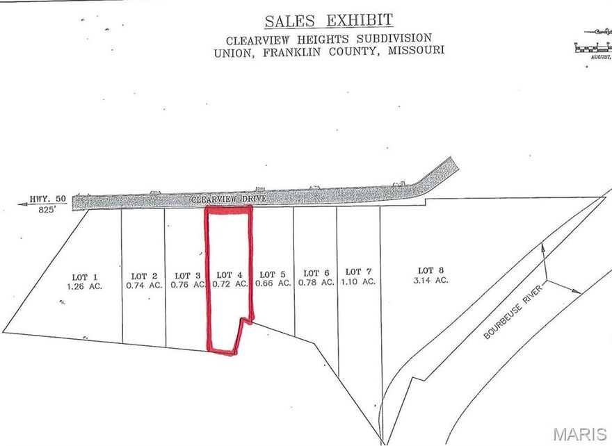 SPECTACULAR VIEW OF THE COUNTRYSIDE AND BOURBEUSE RIVER. EXCLUSIVE BUILDING SITE LOCATION IN UNION, MO. ALL DOCUMENTS ON-LINE AND/OR AT OFFICE. 1,800 SQ. FT. BUILDING MINIMUM. Water, sewer, electric at each lot. Lift pump for sewer needed on each, great lot for walk out basements and panoramic views! Additional Rooms: In Platted Subdv.