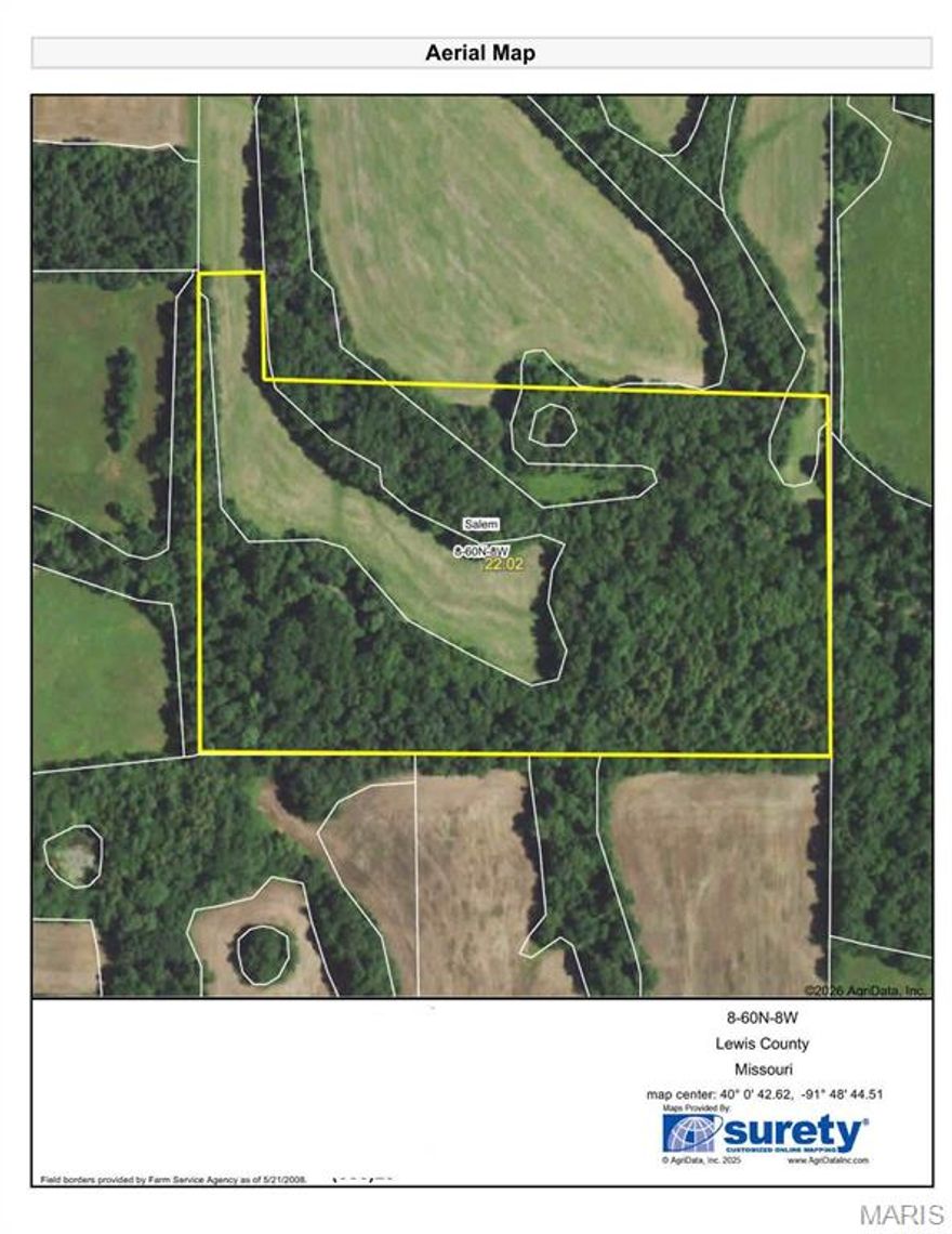 Lewis County, MO  22 wooded acres being split off the south end of the farm. There will be a deeded easement to the lot. There is approximately 5 open acres that could be used for a cabin or food plots. Subject to final survey. Priced at $9,000 per acre