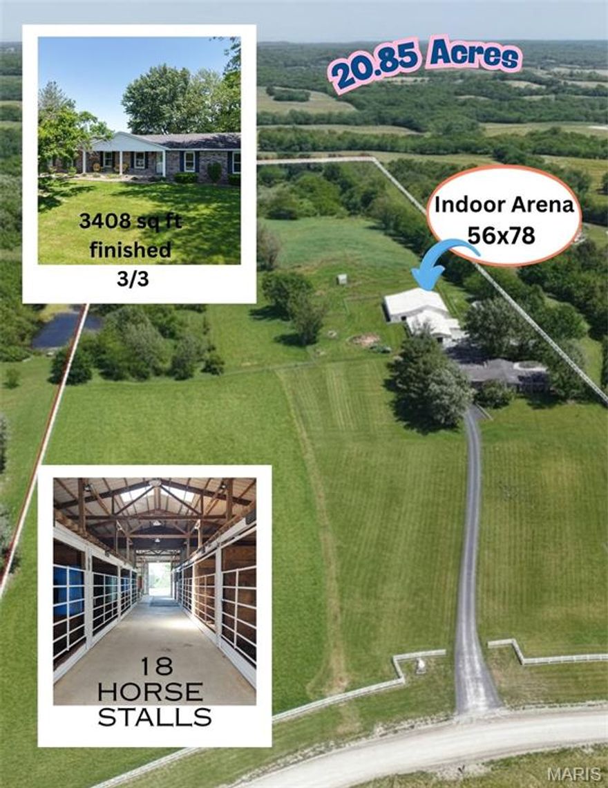 Welcome to an exceptional equestrian estate offering 20.85 fully fenced acres in a serene setting with everything the serious horse enthusiast could ask for. This turnkey horse farm features 18 horse stalls, a 56x78 indoor arena, a full outdoor arena, a dedicated wash rack, a hay barn, and 3 dog kennels, 2 additional storage sheds making it one of the most complete and functional equestrian properties on the market.
The property's pastures are well-maintained and fully fenced, with a shared pond providing a natural water source for livestock. Whether you're training, boarding, or simply living the equestrian lifestyle, the infrastructure here is ready from day one.
The full brick home offers 1,896 sq ft on the main level and an additional 1,512 sq ft in the finished basement 3,408 sq ft of total living space. Inside, you'll find 3 bedrooms and 3 full bathrooms, a warm and inviting family room anchored by a Vermont Castings stove, and a wood-burning fireplace in the basement for cozy evenings after a day in the saddle. Laundry hookups are conveniently located on both the main level and in the basement, adding everyday flexibility for a busy household.