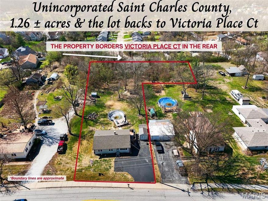 Duplicate Listing of 26019360. Welcome to 839 Caulks Hill Rd., located in unincorporated St. Charles County within the highly sought after Francis Howell School District. This well-maintained 3 bedroom, 1 bathroom ranch home offers 1,120 square feet of living space and is situated on a spacious 1.26 +/- acre lot backing to Victoria Place Ct. This home features a functional floor plan filled with natural light throughout. The expansive kitchen, ideal for entertaining, offers abundant cabinet space, stainless steel appliances, and a large picture window overlooking the backyard and pool area. Recent updates include a new roof (2024), multiple new windows (2024), HVAC system (2019), gutter guard system (2024) and a new exterior air-conditioning condenser (2024), providing peace of mind for future owners. A full, unfinished basement provides excellent potential for future finished living space, storage and includes a roughed-in bathroom. The paved asphalt driveway offers ease of access and ample parking. Step outside to enjoy & entertain with the large yard, complete with an above-ground pool, deck & large umbrella that stays with the property - perfect for relaxing or entertaining during the warmer months right around the corner. The well known Katy Trail is located within walking distance and will surely satisfy all of your hiking needs. Combining recent updates, the convenient location and a spacious lot of 1.26 +/- acres, this property offers a unique opportunity in a sought after area. 
Schedule your private showing before someone else does!