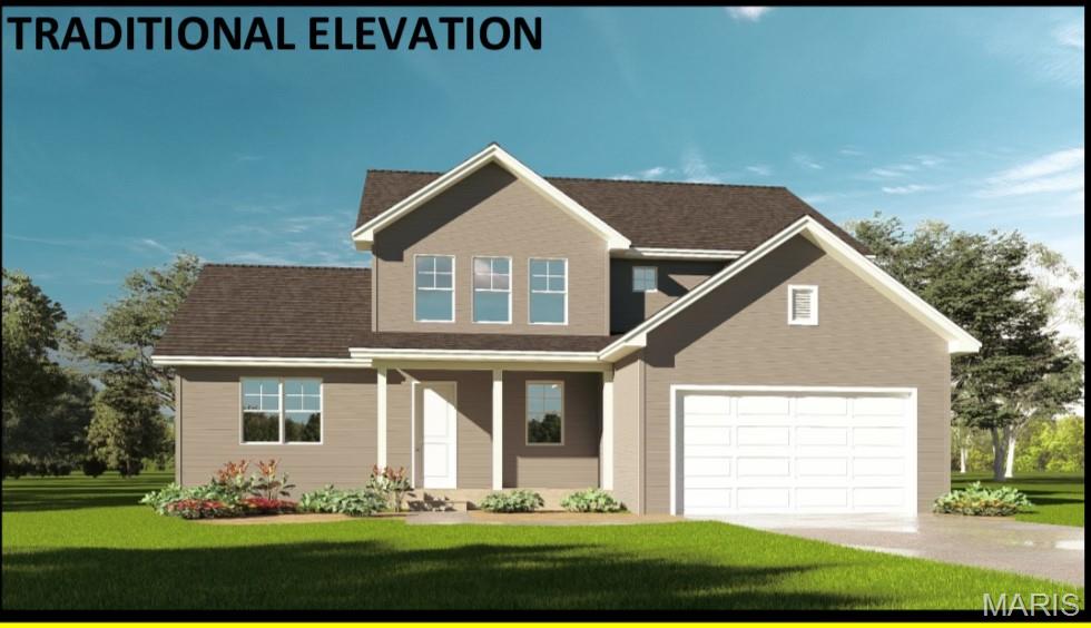 View of front of home with concrete driveway and a front lawn