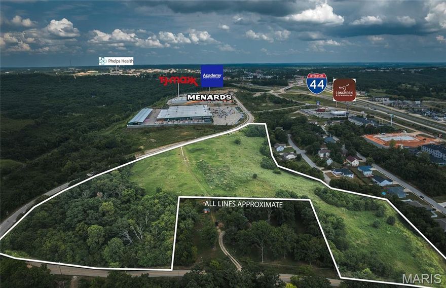Prime Development Opportunity – 19.75 m/l Acres Adjacent to Westside Marketplace, Rolla, MO

Located just off Interstate 44, this 19.75 m/l acre site sits directly next to Westside Marketplace, home to major national retailers including Menards, Academy Sports + Outdoors, TJ Maxx, Ross Dress for Less, and PetSmart. The center’s strong tenant mix draws consistent traffic from Rolla and surrounding communities, creating a ready-made customer base for new development.

The property offers excellent visibility, convenient interstate access, and close proximity to several popular restaurants and hotels serving both locals and travelers. Its size and location allow for a wide range of development options, including multi-tenant retail, restaurant pads, or mixed-use projects.

A portion of the property lies within a flood plain, which can be factored into site planning to make the most of the available space and layout flexibility. With the west side continuing to grow, this site offers developers a prime opportunity to bring new retailers and services to a proven destination in Rolla’s retail landscape.