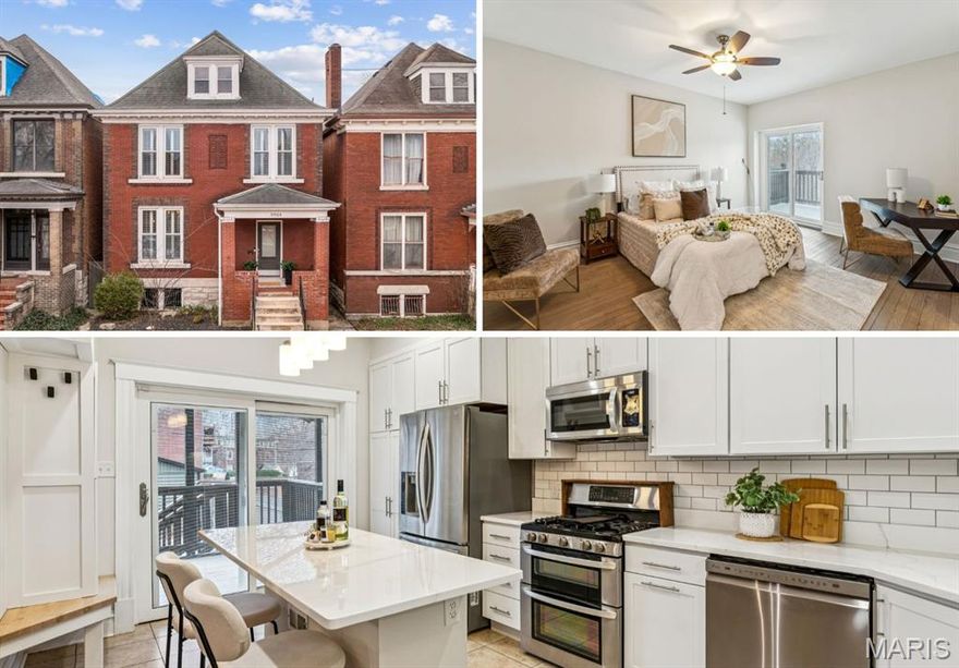 Beautifully renovated historic home in the highly sought-after Shaw Neighborhood, just one block from Tower Grove Park. This spacious residence blends classic St. Louis architecture from the 1904 World’s Fair era with thoughtful modern updates. The first floor features an open, light-filled layout with two exposed brick walls, tall ceilings, and rich white oak flooring installed in 2020. The living room centers around a cozy gas fireplace, while large windows with louvered shutters add character and privacy. The dining room includes a decorative fireplace, and all living spaces flow easily into the kitchen, where the island serves as a natural gathering spot. The kitchen offers stainless steel appliances and abundant cabinetry, recently refreshed with new paint and updated countertops for a bright, modern feel. Sliding doors off the kitchen open to a covered deck—perfect for al fresco dining or morning coffee. Upstairs, the second floor offers two generous en-suite bedrooms with walk-in closets, including one with access to an expansive private balcony with a retractable awning. A Murphy bed in the second suite creates flexible space for guests or a home office, and second-floor laundry adds everyday convenience. The third floor features two additional generous bedrooms and a full bath, ideal for guests, family, or work-from-home needs. Additional highlights include 8-inch baseboards and beautiful millwork throughout, dual-zoned HVAC, dual water heaters, abundant storage, and new front landscaping.  Sellers offering a Choice Ultimate Home Warranty Plan. Outside, enjoy a multi-level deck, fenced backyard, walk-out basement access, and a detached two-car garage. Located just steps from Tower Grove Park, the Missouri Botanical Garden, and the restaurants and shops of South Grand, this home offers the best of historic charm and vibrant city living.