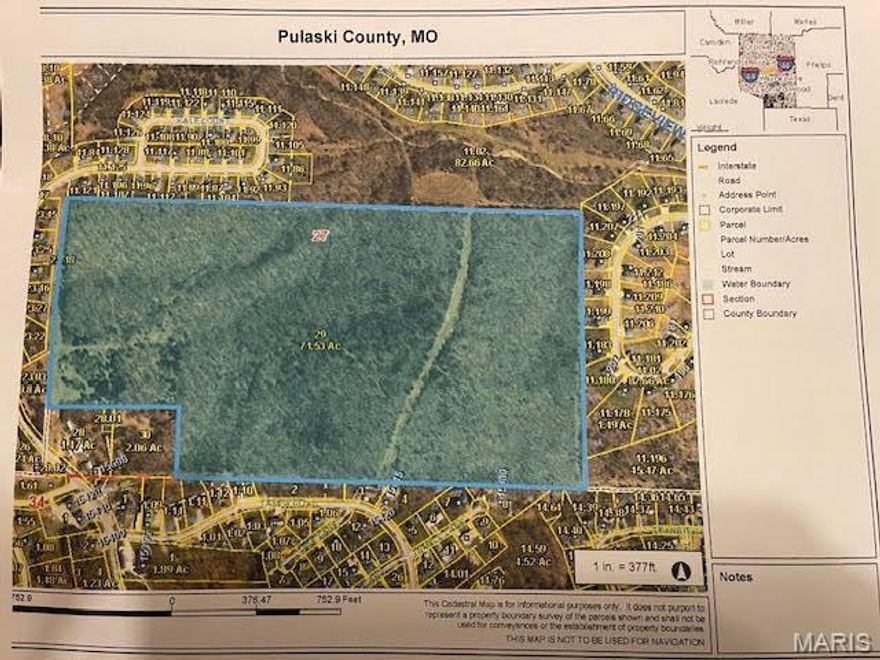 71 Approx. Acres in the heart of St. Robert. This type of property has people dreaming of building their dream home or maybe creating a subdivision that would be perfect being so close to the main entrance of FLW and Freedom Elementary. Water,
sewer, and electric are close by but not on the property. Property is located between Hwy Z and Eastlawn
Ave. Dont Miss out on this amazing opportunity. The Property is currently outside of city limits, but has the ability to be
annexed into the city. Easement access is located on Eastlawn Ave. Are you ready? Lets go and take and look and Dream together. Additional Rooms: Other
