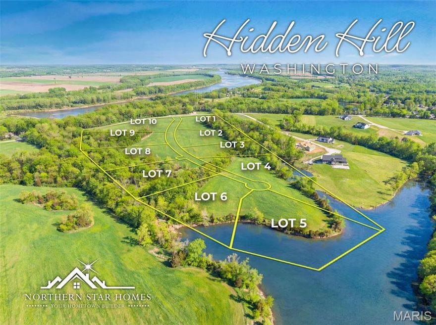 Homesite #2 gently rolling and backs to trees. Rare opportunity to secure your own 3+ acre homesite in one of the most scenic settings east of Washington along Old Hwy 100. These estate-sized lots offer the perfect blend of open ground and mature trees, creating an ideal canvas for your custom home. Enjoy breathtaking views with a stunning community lake as the backdrop.

Whether you’re ready to build now or prefer to purchase the lot and design your dream home later, the flexibility is yours. Choose one of our thoughtfully designed plans or bring your vision to life with a fully personalized build. These homesites are perfectly suited for luxury living with space for a pool, outbuilding, garden, or simply room to breathe.

Located just east of Washington with easy access to Old Hwy 100, commuting is convenient while still enjoying the peace and privacy of acreage living. Opportunities like this - large acreage, water views, wooded privacy, and a prime location are limited.

Living just outside of Washington gives you the best of both worlds:  peaceful acreage living with easy access to one of Missouri’s most vibrant riverfront communities. Spend weekends exploring the charming downtown district filled with locally owned boutiques, coffee shops, restaurants, and year-round festivals. Walk or bike the scenic trails along the Missouri River, enjoy concerts and community events at the riverfront, then retreat back home to your private oasis just minutes from town.

Washington offers highly rated schools, strong local businesses, and a true sense of community where neighbors know each other and hometown pride runs deep. With convenient access to Old Hwy 100, commuting is simple while still coming home to privacy, views, and wide-open space.

Secure your homesite now and start planning the home you’ve always imagined.