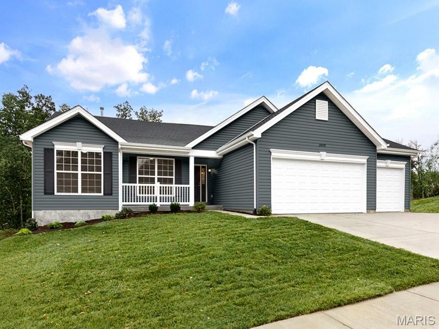 Hickory 3BR, 2BA ranch ready this spring by McBride Homes! 3-CAR-GARAGE! Open floorplan features wood laminate flooring, a fireplace, 9ft ceilings & 6’ windows in main living area. Kitchen boasts Landen Burlap 42” kitchen cabinetry, quartz countertops, stainless steel GE appliances & walk-in pantry. Large dining area w/sliding doors to backyard. Great room has ceiling fan & two windows for natural light. Primary suite has a large walk-in closet & private bath with double vanity, large tub w/window, walk-in shower, linen closet & ceiling fan. Two additional bedrooms w/ceiling fan prewires plus hall bath & linen closet. Twp panel white interior doors, main floor laundry, garage coach lights, upgraded matte black fixtures & ¾ bath rough in at lower level for future finish. Hawk Ridge offers beautiful new homes in Lake St Louis near restaurants & entertainment! Enjoy peace of mind with McBride Homes’ 10 year builders warranty & incredible customer service! Display photos shown.