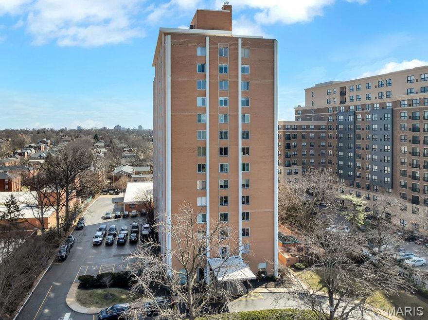 Incredible Clayton living in this beautiful 12th story condo with panoramic and awe inspiring views.   You will love the ease of living with full service 24 hour security, a wonderful staff, space for entertaining in the formal common room, extensive gym, underground parking (parking spot is $60 per month), private dog park and a gorgeous outdoor pool. This home is a treasure of classic charm and modern updates.  Enjoy the views as you enter the pretty foyer into the spacious and light living room and dining room with newer windows, custom window treatments, crown moldings throughout, gorgeous wood flooring and a cozy fireplace.  The cooks kitchen has  ample storage in its beautiful maple cabinetry, SS appliances, quartz countertops and stunning Ann Sachs Tile.  Down the hall you will find an 9x6 laundry room with built in shelves, an updated hall bath, the second bedroom with custom built ins and a magnificent primary suite with views of the St Louis Arch.  The generous en-suite bedroom opens into a huge closet and spacious bath with new shower, shower seat, Ann Sachs tile and gorgeous updated vanity.  Nothing to do except move in and enjoy. Dining room chandelier excluded in the sale.
