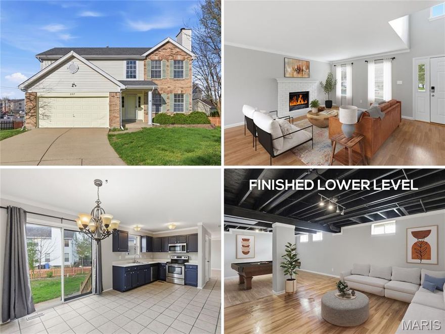 In the HEART OF VALLEY PARK, this spacious 2-story is ready for your finishing touches, located in a QUIET CUL DE SAC on one of the largest lots in the subdivision. Elegant curb appeal with brick detail, vinyl siding, grid windows, COVERED ENTRY with full-glass storm door. Bright soaring 2-STORY ENTRY FOYER opens to living room with BRICK FIREPLACE and easy-care laminate flooring. Open FORMAL DINING room for entertaining. Eat-in kitchen with generous cabinets, STAINLESS appliances, smooth-top stove, microwave hood, pantry and durable ceramic tile flooring. Sliding door to patio overlooking large FENCED BACKYARD - ideal for outdoor gatherings. Upstairs VAULTED PRIMARY SUITE with WALK-IN CLOSET, glass door step-in shower. Secondary bedrooms share hall bath with tub/shower combo. Downstairs finished with FLEXIBLE REC ROOM, water-resistant luxury vinyl plank flooring, generous storage and laundry hookups. Residents enjoy 3+ acres community COMMON GROUND and proximity to 35-acre VANCE TRAIL PARK (playground, trails, creek) and 275-acre BUDER PARK (playground, trails, Meramec River, archery, sports and more). SUPER CONVENIENT location with most errands within a mile.