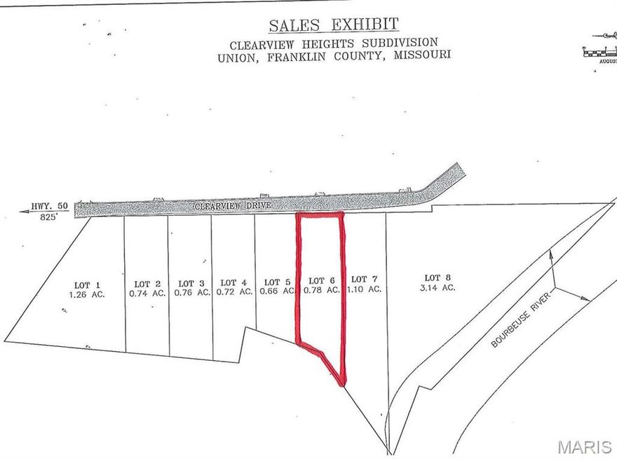 SPECTACULAR VIEW OF THE COUNTRYSIDE AND BOURBEUSE RIVER. EXCLUSIVE BUILDING SITE LOCATION IN UNION, MO. ALL DOCUMENTS ON-LINE AND/OR AT OFFICE. 1,800 SQ. FT. BUILDING MINIMUM. Water, sewer, electric at each lot. Lift pump for sewer needed on each, great lot for walk out basements and panoramic views! Additional Rooms: In Platted Subdv.