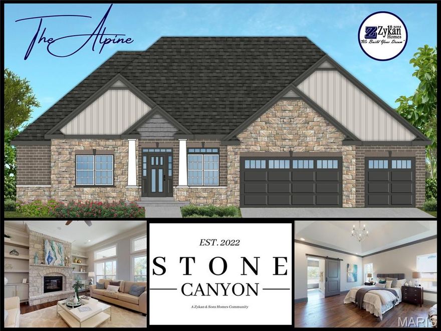 Welcome to Stone Canyon, a Zykan and Sons Homes Community in Foristell, MO. Here you’ll find many great floor plans to choose from all on amazing estate style homesites. All lots are a minimum of .33 acre (14,500+ sq/ft) and some are well over twice that size and many of them back to trees/woods and common ground! Located in the Wentzville School District, Stone Canyon residents will attend North Point High School. So much comes standard in this development that is optional elsewhere such as 3car garages, sill high brick front elevations, fully sodded yards, and too much more to list.

The Alpine Model is the largest ranch style home in the subdivision boasting over 2,700 sq/ft with 4 bedrooms and 3.5 baths. The 4th bedroom can become an optional den or office and this home comes standard with a covered back patio! Stone Canyon Display Home is open Thurs-Sun 11am-4pm or Mon-Wed by Appt. Schedule a tour to learn more about The Alpine Model and to get started building your dream home! COOL: 14 SEER+