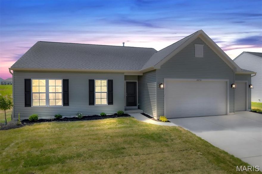 Garage Lover's Dream! This stunning brand-new 3-bedroom, 2-bath ranch home offers 1,556 sq ft of beautifully designed living space—and an unmatched 5.5-car garage. Featuring 8' tall insulated garage doors, this massive attached garage is perfect for car enthusiasts, hobbyists, or anyone in need of serious storage or workshop space. Inside, you'll love the vaulted ceilings in the great room and kitchen, anchored by a cozy wood-burning fireplace. The upgraded 42” soft-close cabinetry, granite countertops, center island, and recessed lighting throughout elevate the kitchen and dining experience. Main-floor laundry is just off of the kitchen. The dining room opens to a covered patio, ideal for entertaining. Retreat to the luxurious primary suite with a garden tub, separate shower, dual vanities, and a spacious walk-in closet. Additional highlights include 9' ceilings, 2-panel doors, a half wall to the lower level, and a 3-piece bath rough-in with egress window—ready for future expansion. Finished with upgraded flooring, Low-E windows, sodded yard, 30-year architectural shingles, and elegant exterior coach lighting, this home combines style, comfort, and unmatched garage space. This one is a rare find! Located just minutes from I-70, this home offers easy access to shopping, dining, and major highways, making everyday convenience effortless.  Take a drive through the area--It's beautiful and gives you a rural feel with a sense of community.