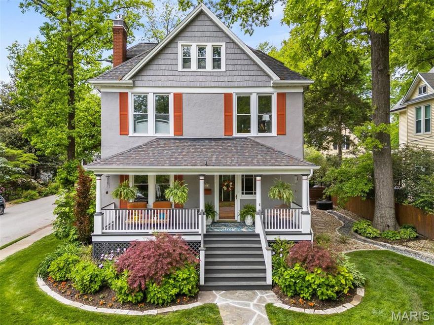 Imagine sipping lemonade on the front porch of this timeless American home on one of Webster Groves’ most cherished streets while watching the 4th of July parade roll by. Rich in character and modern updates, it features a grand foyer with classic wainscoting and hardwood floors throughout all three stories. The inviting living room includes a cozy gas fireplace and built-in shelves, while the updated kitchen boasts cherry cabinets, granite countertops, stainless appliances, and an eat-in bar. Upstairs, the primary bedroom offers a walk-in closet and private balcony, joined by three more bedrooms. A third-floor suite adds flexibility for guests, teens, or a family room. Step out to a gracious screened porch overlooking a contemporary fenced and beautifully landscaped backyard with stone patio and an updated, sparkling pool. A newer two-car garage off Cedar Ave completes the picture. Just a short stroll from local shops and restaurants, this is more than a home—it’s a place to belong.