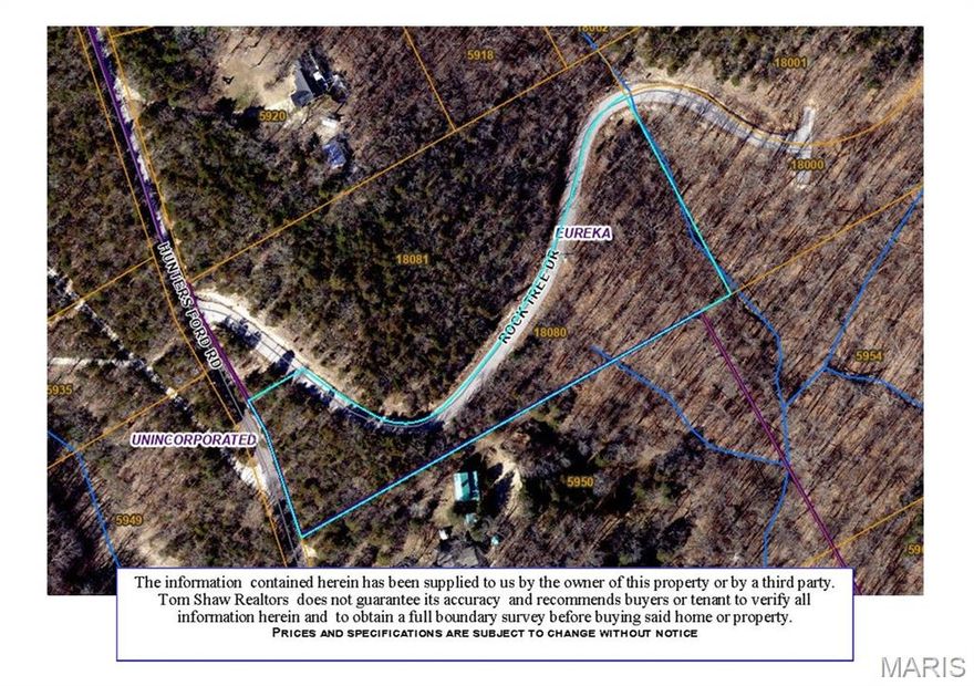 STUNNING, road frontage 3.1+/- acre wooded lot with SCENIC views and in ultimate privacy within Rock Tree Estates. This beautiful lot sits in the front of the neighborhood & provides privacy and the charm of country living with the convenience and ample amenities of Eureka, Pacific & Wildwood town centers just minutes away. Perfect location for your dream home, a contemporary farmhouse, or even a country estate. Your plan, your builder. Centrally located with easy access to I-44, Six Flags & parks. AAA Rockwood District. Features include: underground electricity/phone access. Meramec River access right down the road. *Restrictions are attached in supplements. However, subject to change.*