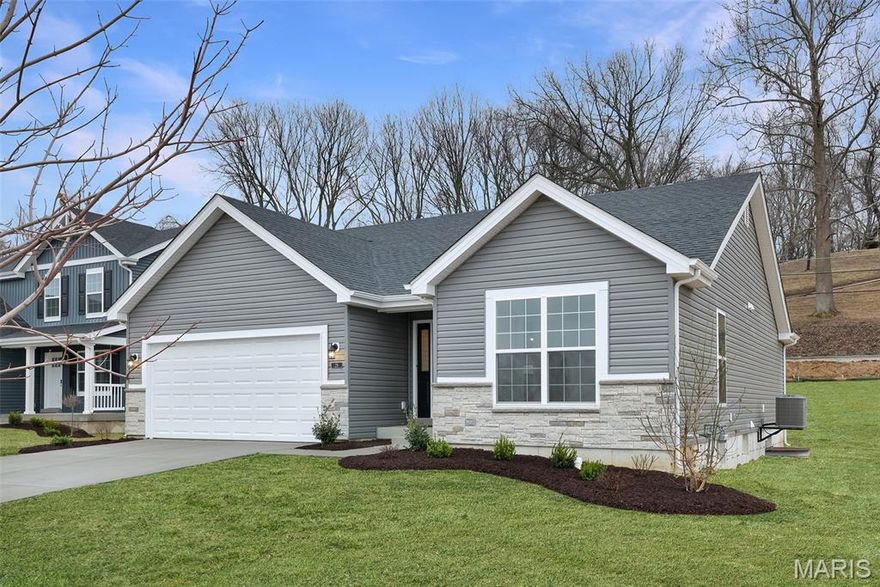 New McBride Homes Aspen ranch 3BR & 2BA is ready now! Enjoy the open floor plan with a vaulted ceiling, a great room with a ceiling fan & wood laminate flooring in the main living area. The kitchen features level 4 Winstead Burlap 42” tall kitchen cabinets, quartz countertops, peninsula with a flush breakfast bar for additional seating, & stainless steel GE appliances. The master suite showcases a walk-in closet, & private master bath that includes a vanity with double sinks & 5ft walk-in shower. Two extra bedrooms & full bath add convenience. Extras include 6’ windows, ceiling fan prewires, main floor laundry, garage coach lights, & white six panel interior doors throughout. The LL features ¾ bath rough in for a future finish. Elm Crossing is a secluded, peaceful community with 33 homesites on a private cul-de-sac minutes from New Town and top schools. Enjoy peace of mind with McBride Homes’ 10 yr builders warranty & incredible customer service. Similar photos shown.