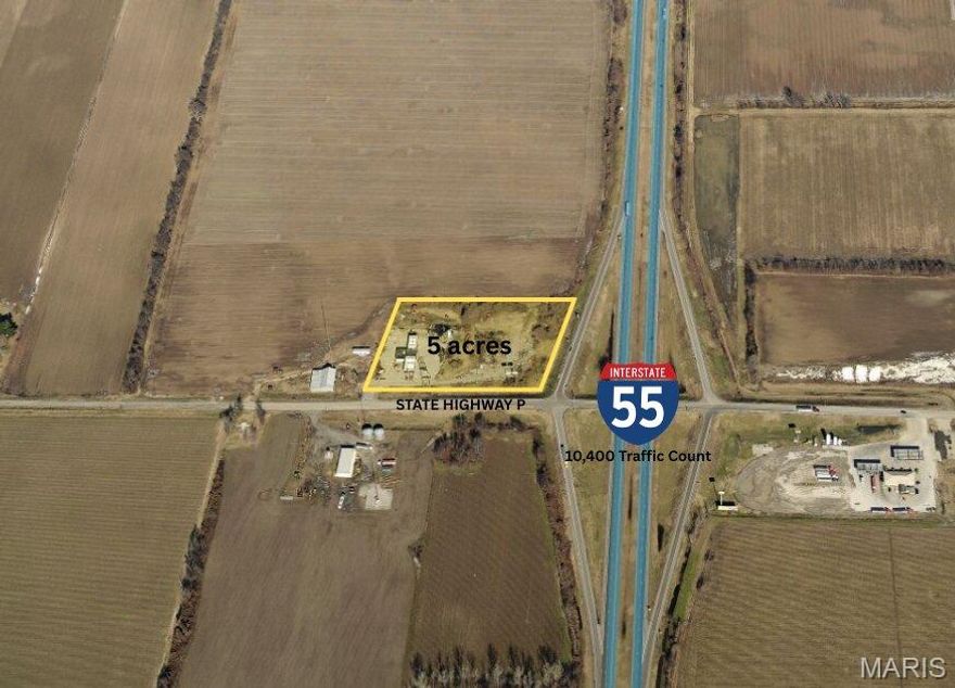 Prime location for a truck stop or fuel station on this 5 acre parcel located on the northwest corner of southbound I-55 at mile marker 52.  Speedway, Travel Centers of America, Pilot/Flying J, and Love's are all located six miles north at mile marker 58 (Matthews, MO), making this a much more secluded opportunity with little truck traffic.  Previously a fuel station, all utilities are available at the site, although the infrastructure may need to be replaced or repaired.  Don't miss this prime development opportunity!