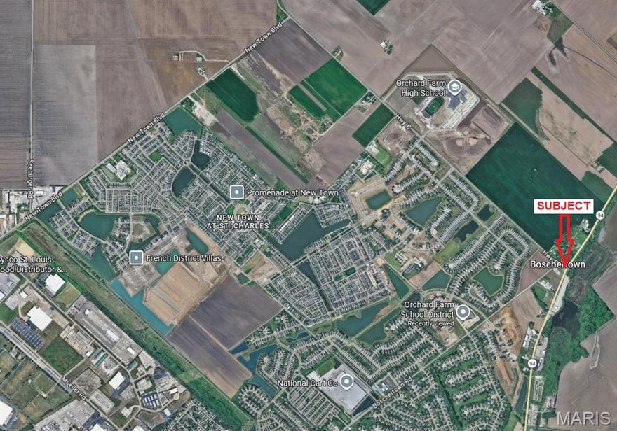 Excellent development opportunity at the NW corner of Hwy B and Hwy 94.  Perfect location for a retail use, C-Store/gas station, etc. The site is located adjacent to the proposed Legacy Farms Park and the Orchard Farm school district campus.  Residential development is very prevalent in the area including the New Town and Charlestowne subdivisions.  Planned reconfiguration of the Highway B and Highway 94 intersection by MODOT in 2027, to include a lighted intersection with dedicated turn lanes.  Currently the site is in Unincorporated St. Charles County, it would need to annex into the City of St. Charles for water/sewer.  Multiple older structures (barns, grain bins, houses) on the site, none of which are habitable or provide value.